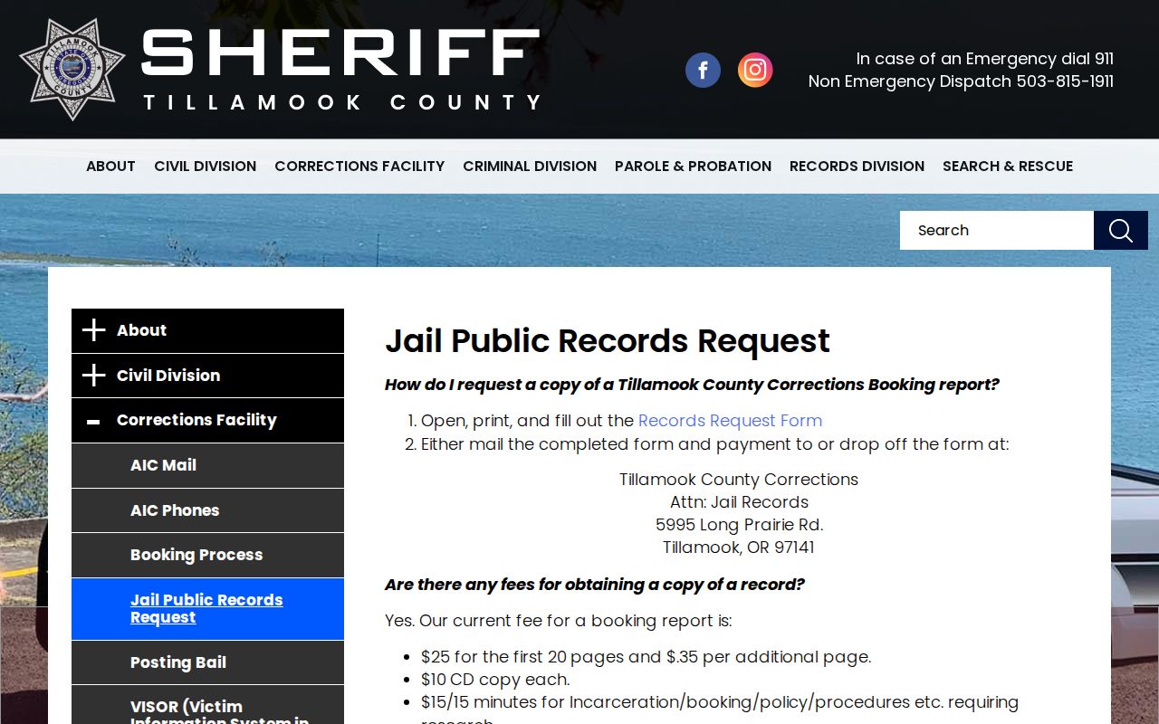 Tillamook County release and booking records request page