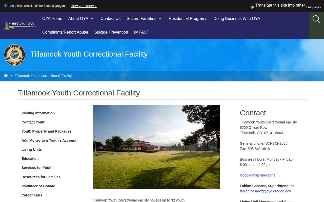 Tillamook Youth Correctional Facility secure youth release information