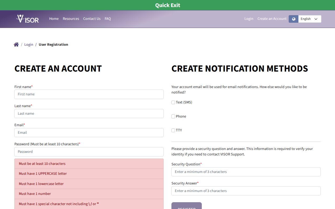 VISOR account form for managing Tillamook County release notices